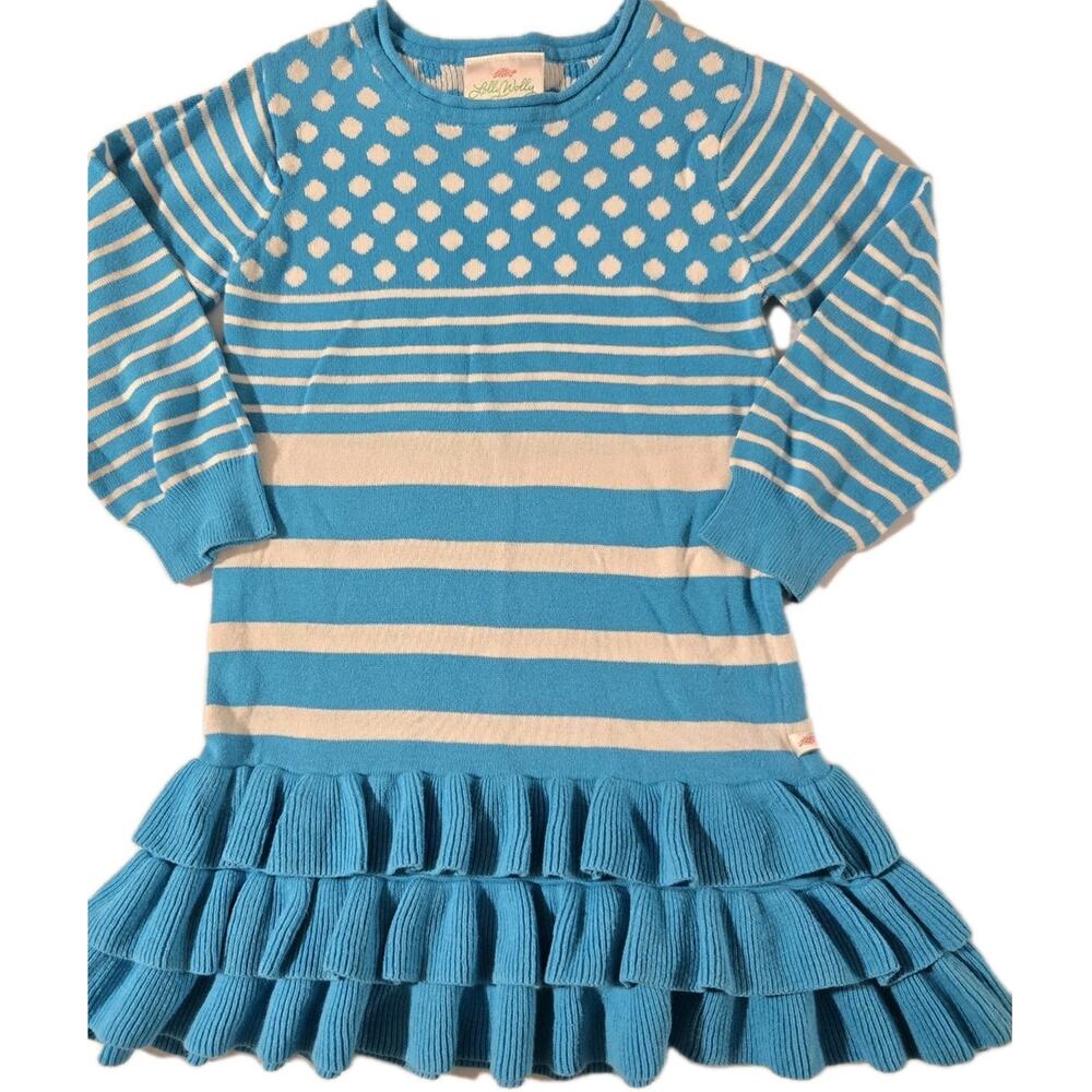 LOLLY WOLLY DOODLE Tiered Ruffle‎ Dress Vtg Blue White Cotton Knit Girls 4/5